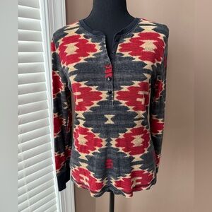 Ralph Lauren Lauren Jeans Co Red and Black Aztec Patterned Long Sleeve Henley
